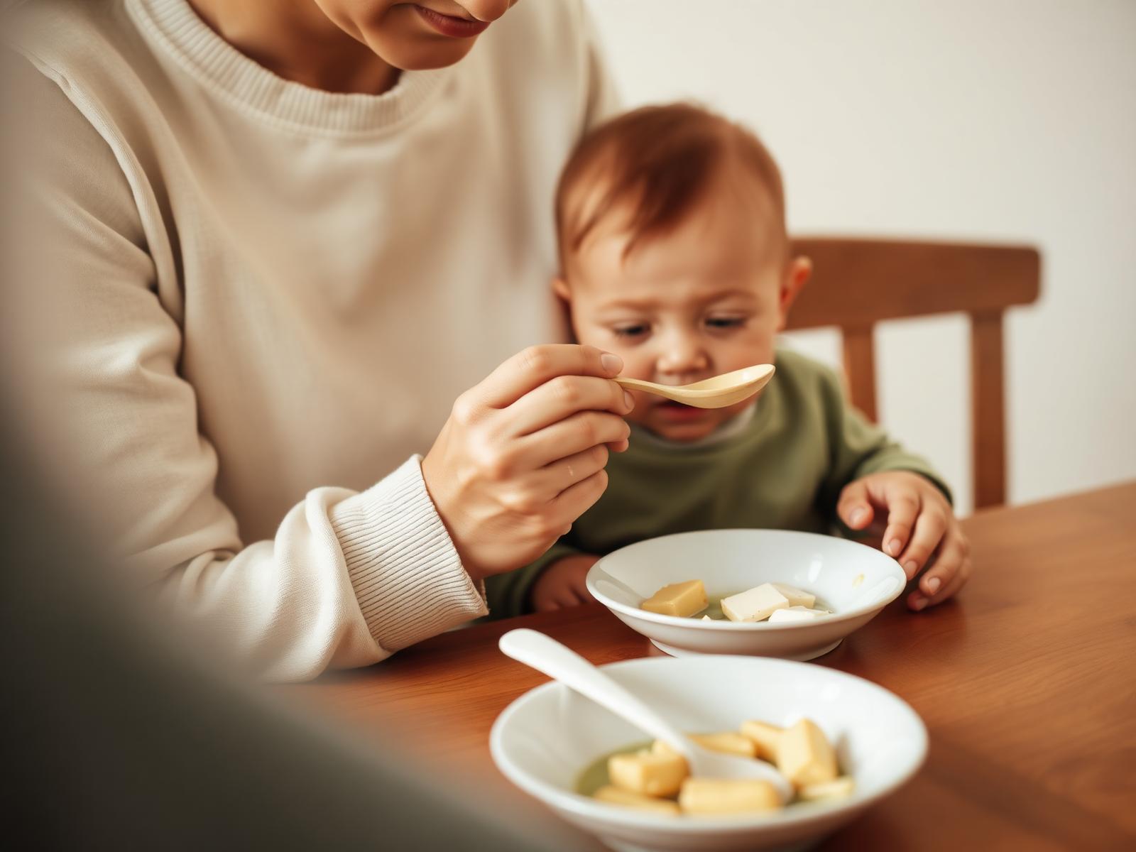 Adulto oferecendo alimentos macios em colher a um bebê sentado à mesa